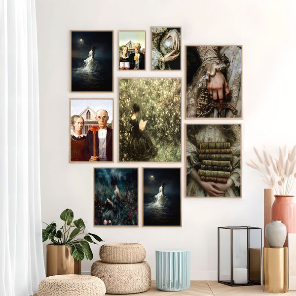 

1 piece unframed painting print,victorian art, woman reading, wildflower dark academy, library art, bookish atmosphere