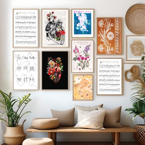 

1 piece unframed painting print, Vintage country textile pattern, retro florals,creative waterproof canvas poster, bedroom, office