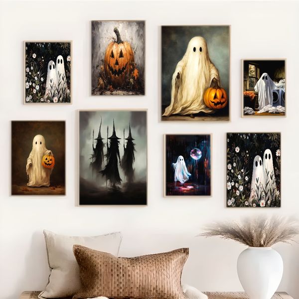 

1 piece unframed painting print,vintage library ghost art, scary ghost in academia, halloween gift,creative waterproof canvas poster