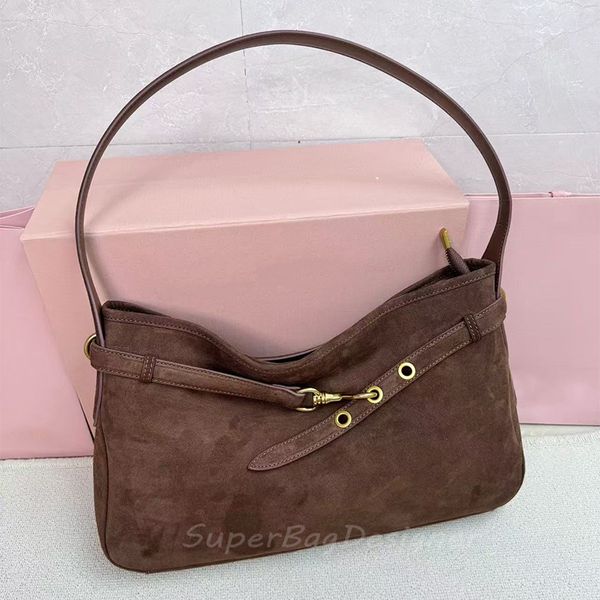

7A designer suede bag armpit shoulder bag vintage & stylish handbag soft calfskin real leather large capacity 40cm, Brown