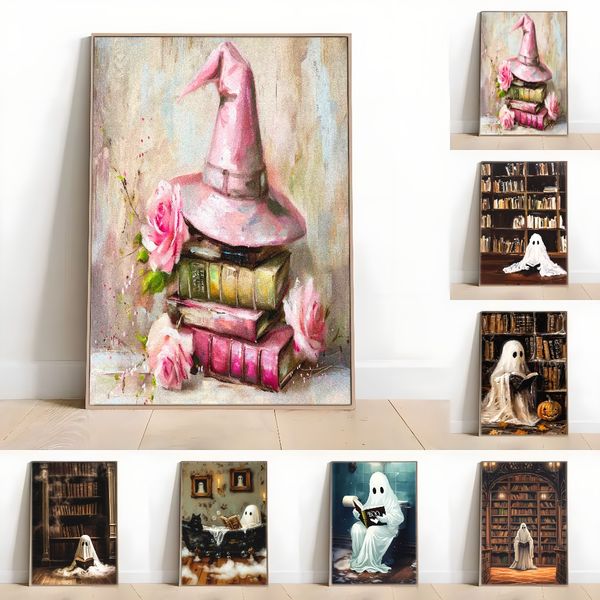 

1 piece unframed painting print,ghost selling medicine in drugstore, dark academia, gothic art, halloween gift
