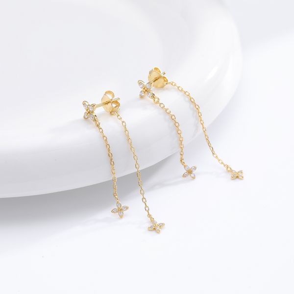 

S925 pure silver ins wind flow tassel flower zircon earrings simple temperament fresh chain earrings