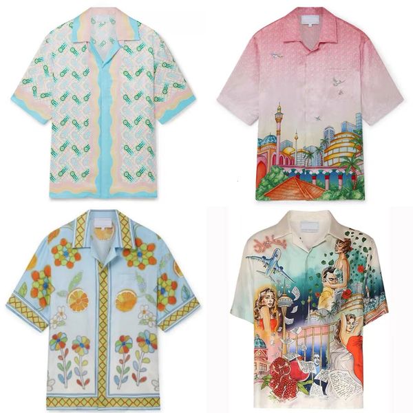 

24ss Casabalance Men Designer Silk Casual Shirt tn New High Quality Lapel Button Patter Print Holiday Leisure Loose Versatile Hawaiian Short Sleeved Silk Shirt Tops, Brown
