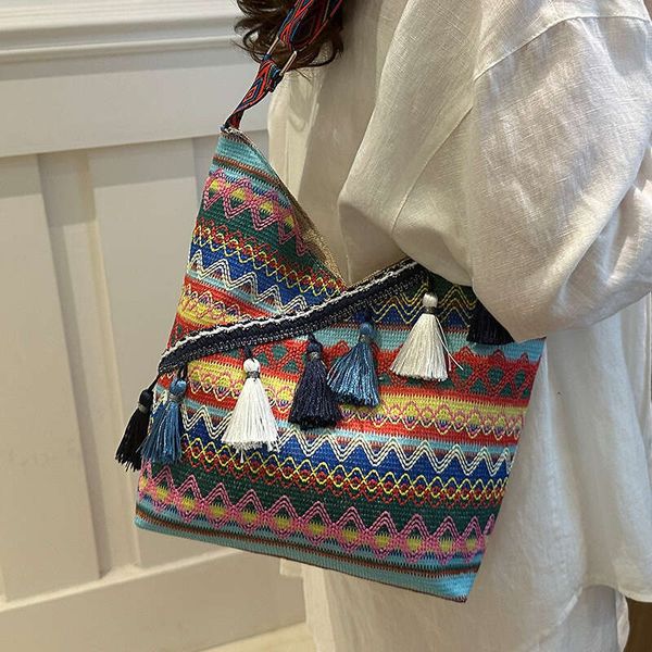 

Advanced ethnic style handbag 2024 new commuter tote Instagram large capacity single shoulder crossbody bag for women, Blue