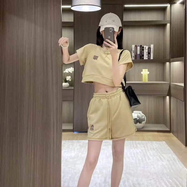 

women designer clothes two piece set tracksuit women miumi clothes Minimalist yellow suit diamond logo short Tshirt loose shorts set, Gray