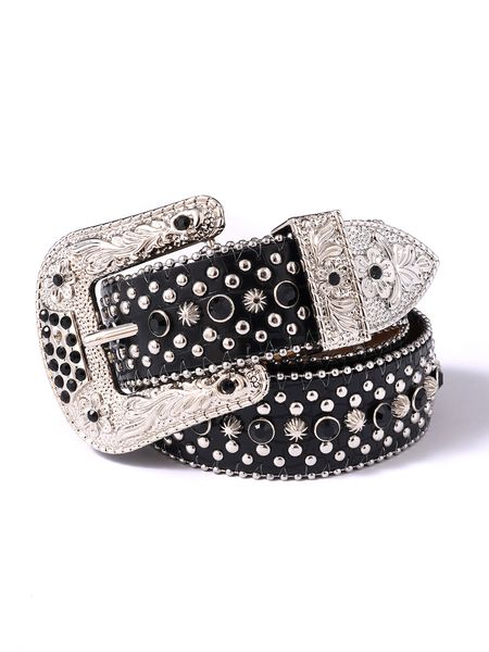 

cross border European and American dark carved buckle water diamond inlaid belt ins glitter punk hip-hop rivet decoration belt, Black