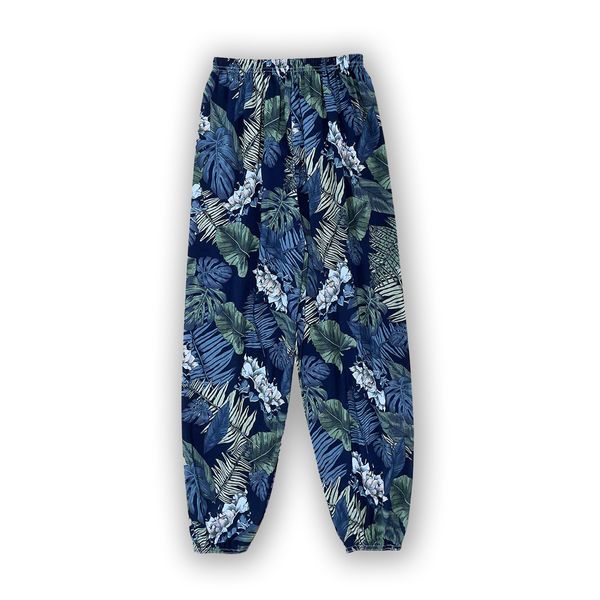 

Ladies spring and summer thin casual girth pants navy blue leaf random print can be worn home air conditioning pants beach sunscreen pants, Multi