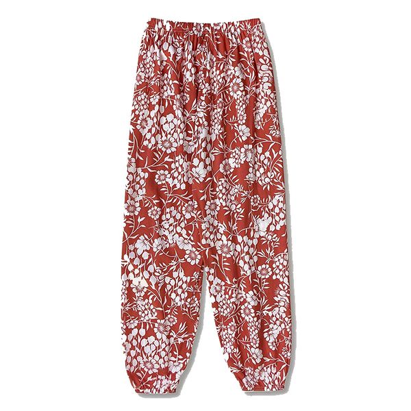 

Ladies spring and summer thin casual pants red flower print can be worn home air conditioning pants beach sunscreen pants, Multi