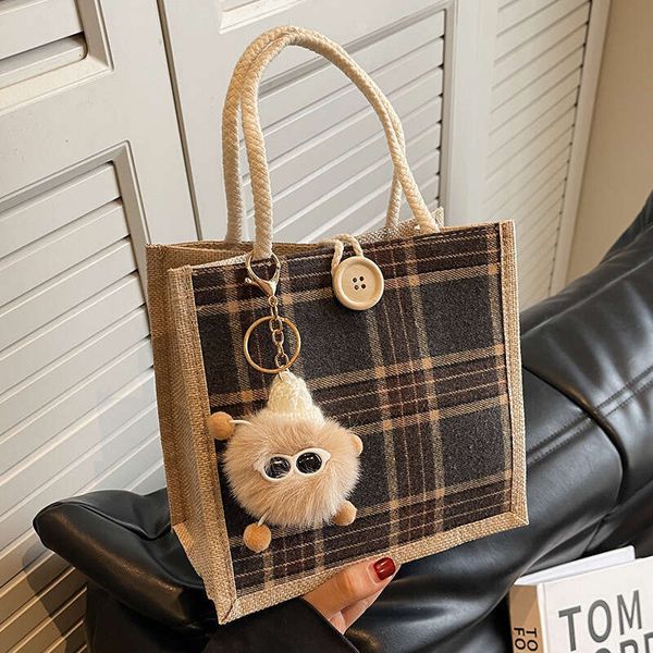 

Office portable 2024 fashionable linen canvas for women Instagram stylish versatile single shoulder tote bag, Black