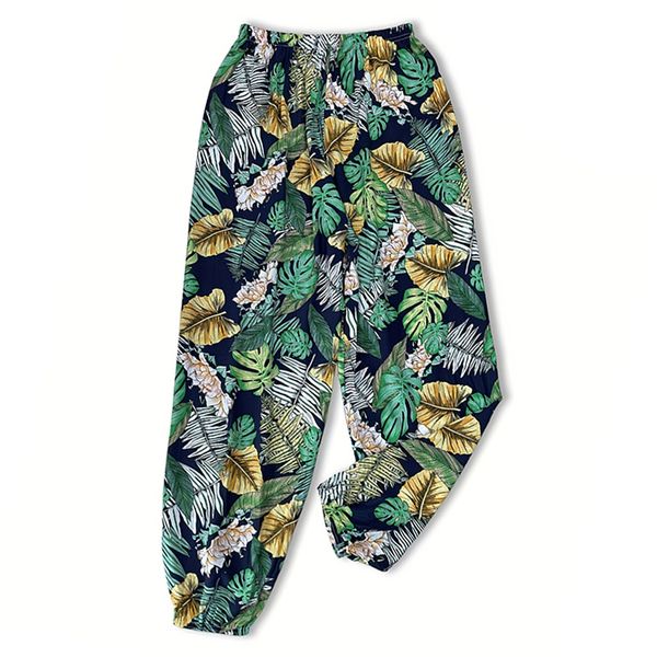 

Ladies spring and summer thin casual pants green leaves patchwork random print can be worn home air conditioning pants beach sunscreen pants, Multi