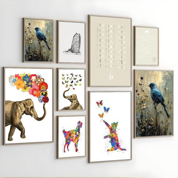 

1 piece unframed painting print, Animal decoration, colorful cat and butterfly art, creative waterproof canvas poster, bedroom, office