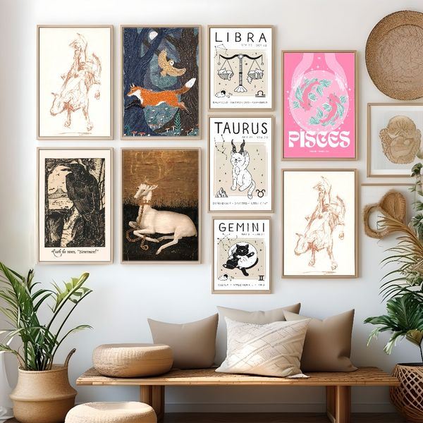 

1 piece unframed painting print, Pink decoration, Pisces art, creative waterproof canvas poster, bedroom, office, living room, cafe, bar