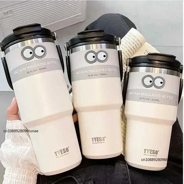 

TYESO 600/750/900/1050/1200ML Car Water Stainless Steel Thermos Bottle with Straw Keeps Cold and Heat Thermal Coffee 241127, Black