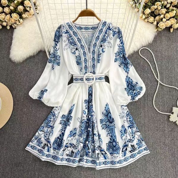 

Summer luxury designer dress Fashion letter printed back lantern sleeve V-neck American women's dress button slimming A-line dress B16, White
