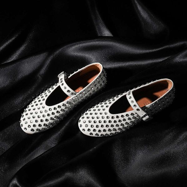 

cowhide versionrunway style full diamond flat bottomed ballet shoes for womens internet celebrity round toe with mary jane single shoes, Black mesh white diamond