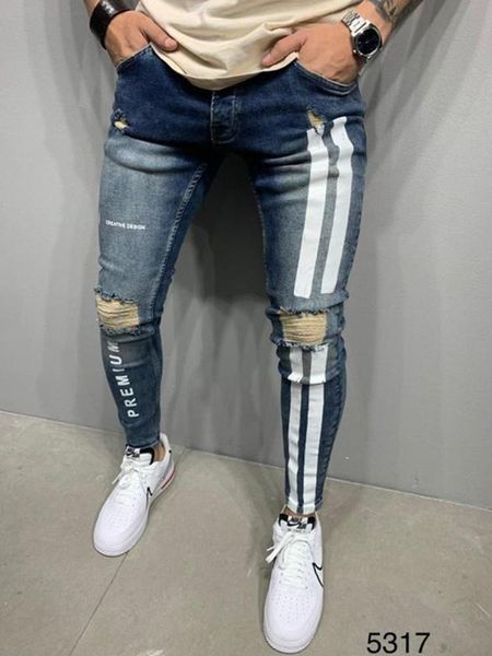 

Jeans Men Skinny Striped Zipper Denim Hole Wash Vintage Hip Hop Work Trousers Slim Printed jeans European Big Size men clothing, 1996 light blue