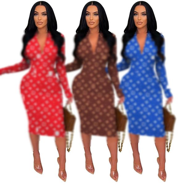 

Summer Autumn designer dresses Fashion letter print long sleeve half open neck V-neck high spring shirt collar sexy American women's dress with hip wrap B14, Red