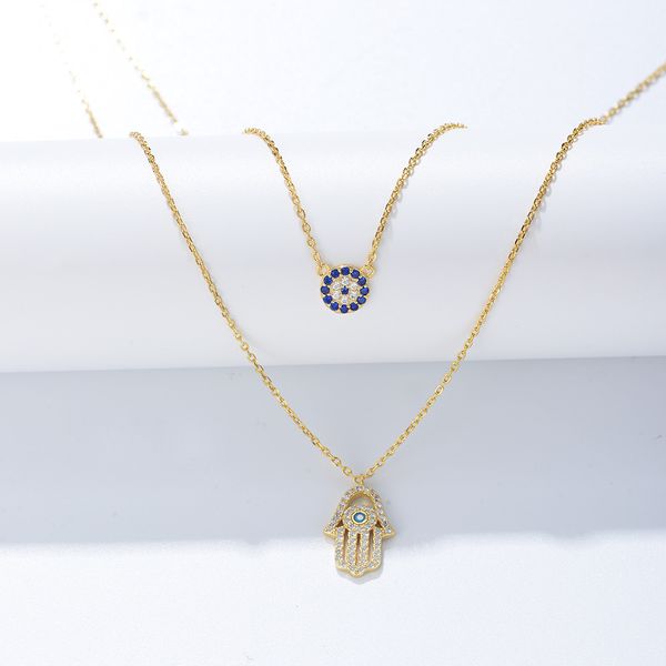 

S925 sterling silver Shijia Devil's Eye Hamsa palm double layered necklace