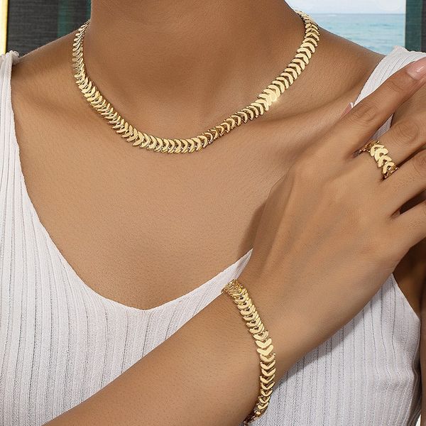 Europe and the United States fashion trend wheat ears 3-piece ring bracelet necklace set female niche design sense net red hot selling collarbone chain