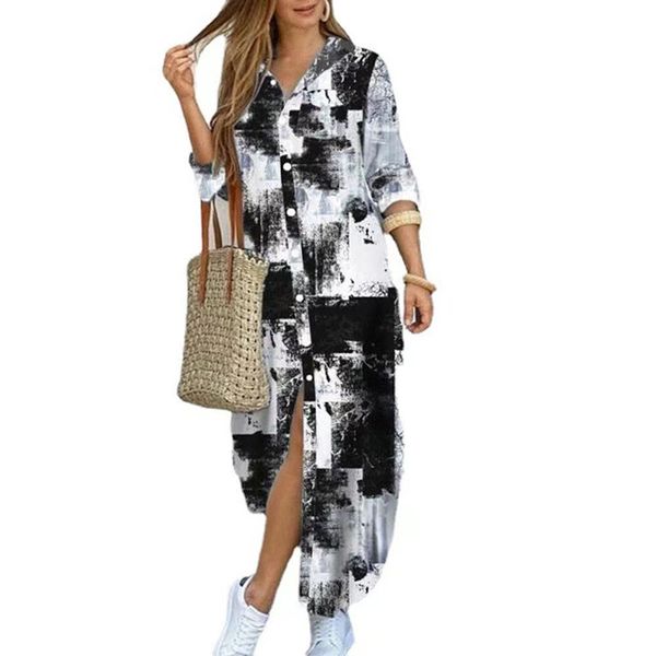 

Summer Luxury designer Oversized S/M//XL1/5XL dress Fashion letter print Sun protection long sleeve long skirt lapel shirt dress women's button Slimming dress B19, Contrast color