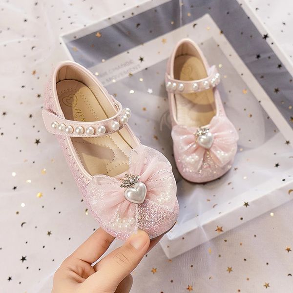 

Princess Mary Janes for Party Wedding Shows Shiny Love Crown Bow Pearls Elegant Girls Leather Shoes Kids Versatile Simple 240416, Gold