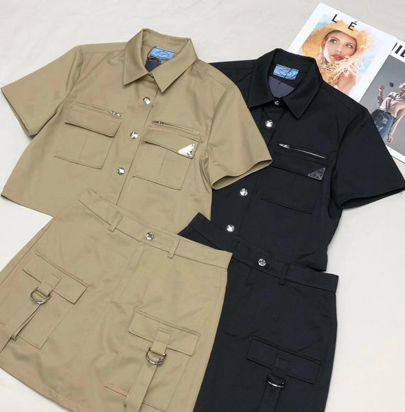 

two piece set women designer clothes workwear Button design classic pr triangle logo double pocket design short sleeved top short skirt set, Coffee