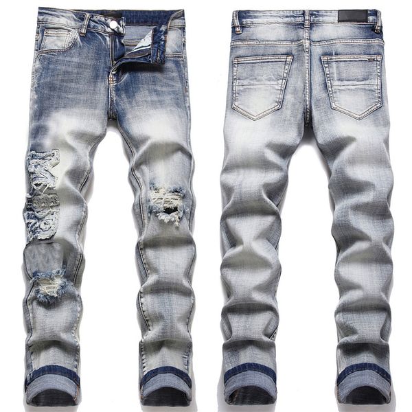 

Mens Jeans European Jean Hombre Letter Star Men Embroidery Patchwork Ripped For Trend Brand Motorcycle Pant Mens Skinny, Style-1