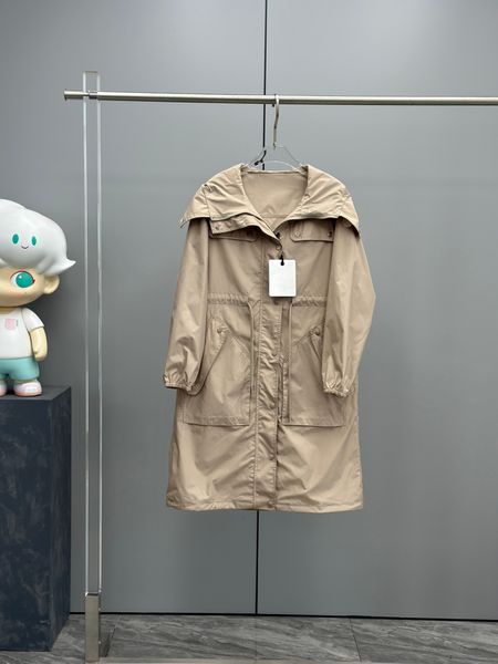 

New Hooded Spring and Summer Women's Mantio Loose Drawstring Midi Hooded Windbreaker Jacket Designer Womens Jacket Windrunner Casual Zipper Jacket, Khaki