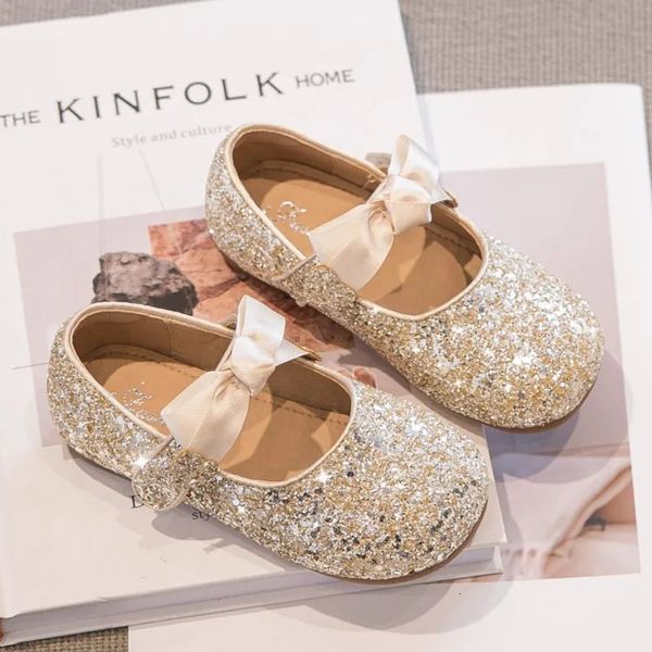 

Girls Wedding Shoes Silver Bling Mary Janes Gold Sequined Cloth Princess Shoes Childrens Flats Kids Baby Dance Show Party 418A 240416