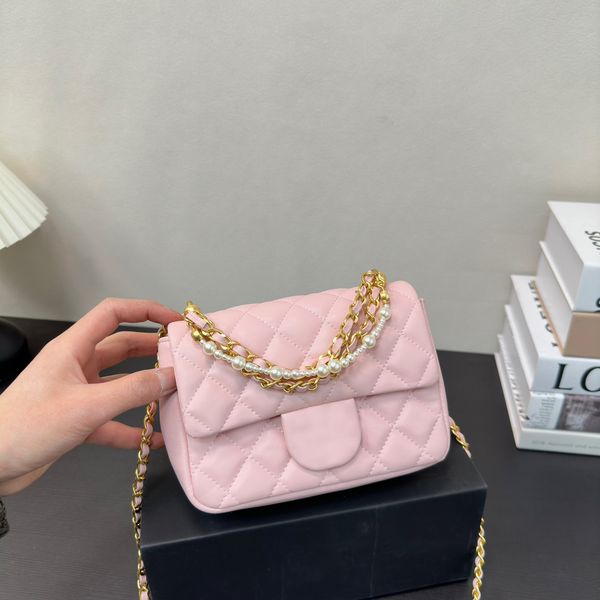 

Designer bag Crossbody Handbags Pearl Chain Handle Classic Mini Square CF Bags Womens Gold Metal Hardware Chain Turn Lock Makeup Cosmetic Case 17x13cm, Blue