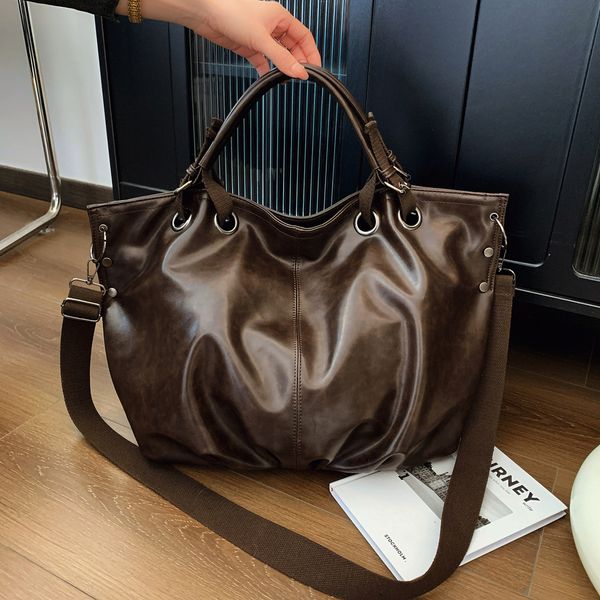 

Mirror Vintage Pleated Oil Wax Leather Tote Handbag Crossbody Bag Women's New Autumn And Winter Large Capacity Work Commute Fashion, Brown