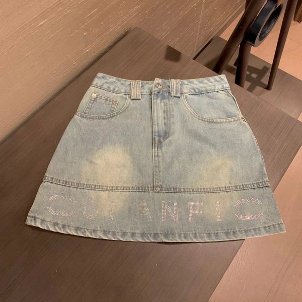 

summer new designer skirt two letter C logo mini skirt rhinestone printed design denim skirt high end custom fabric, Blue