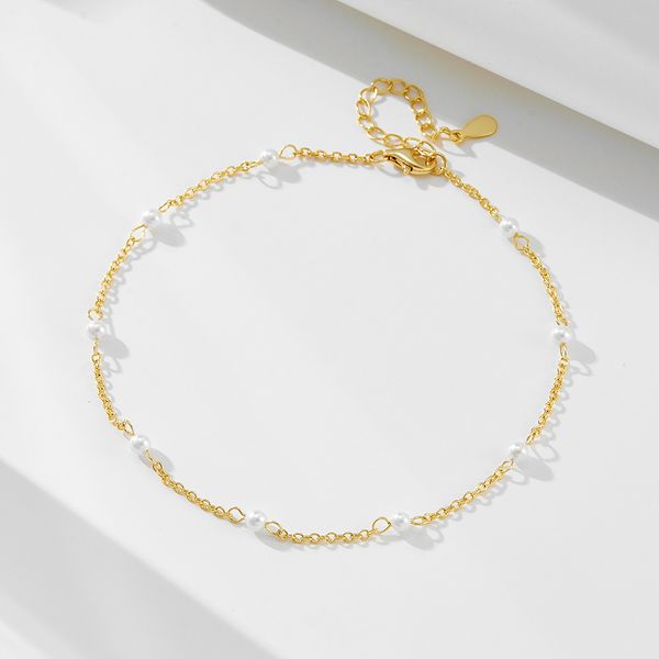 

S925 pure silver plated 14K gold pearl bead ankle chain for women's cross-border simple and fashionable 3mm pearl ankle jewelry in Europe and America