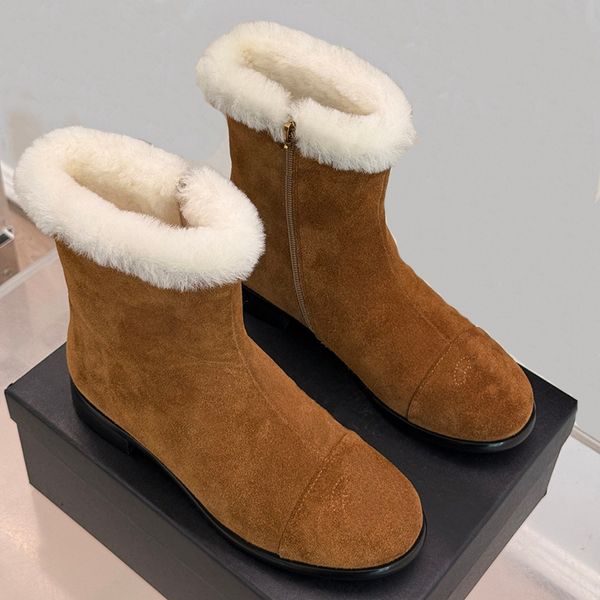 

Womens Chunky Heeled Platform Ankle Boots Designer Lambskin/Suede Wool Snow Boots Metal Side Zipper Stitching Classic Round Toe Fashion Outdoor Boots With Dust Bag, Brown