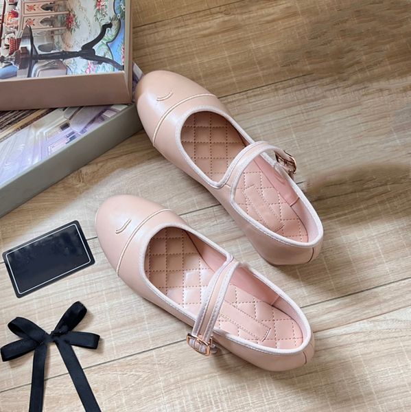 

24ss Designer Ladies Flat Striped Mary Jane Shoes Classic Round Toe Ankle Adjustable Buckle Outdoor Loafers Ladies Ballet Shoes With Dust Bag, White