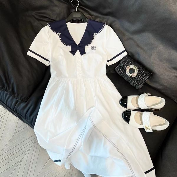 

miui skirt designer skirt dresses for woman mium clothes Navy style doll collar rhinestone decorated bow tie waist skirt, White