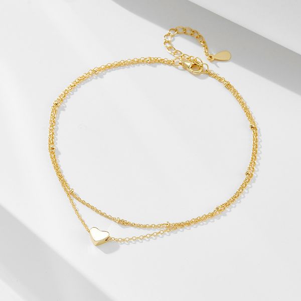 

S925 sterling silver double-layer chain heart-shaped pendant foot chain for women's fashion, light luxury, ins gold-plated heart-shaped foot decoration