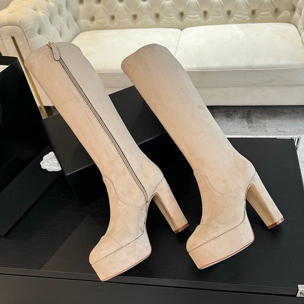 

Designer Heels For Ladies 11.5cm Chunky Heels Suede Stretch Knee-High Boots Classic Round Toes Stitched Metal Side Zipper Fashion Western Knight High Boots, Black a