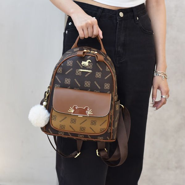 

Factory outlet women shoulder bag cute cartoon fashion handbag classic geometric printing womens casual backpack popular hair ball pendant women's backpack 9966#, Image color-9966#