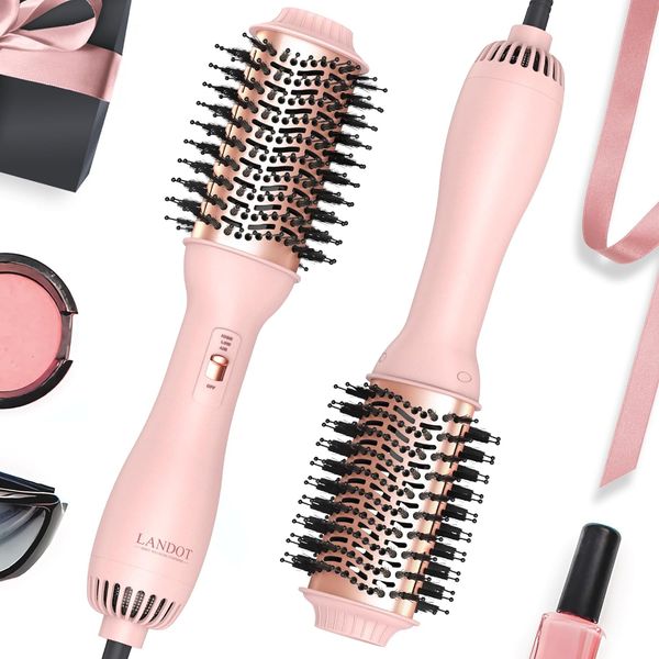 

LANDOT Hot Hair Blow Dryer Brush: Upgraded Plus 2.0 Hot Air Brush One-Step HairDryer Styler and Volumizer 4 in 1 for Drying Straightening Curling Volumizing Hair, Pink