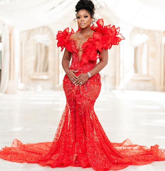 2024 Aso Ebi Red Mermaid Prom Dress Lacefull Beaded Crystals See Through Evening Formal Party Second Reception Birthday Engagement Gowns Dresses Robe De Soiree ZJ90