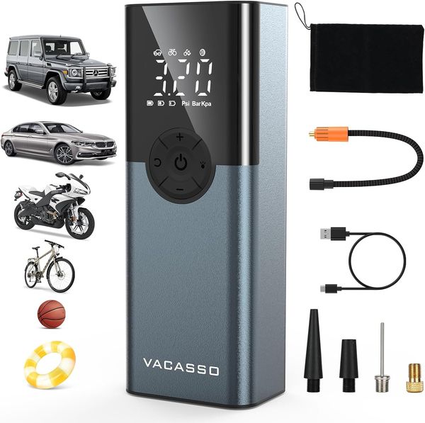 

VACASSO 2024 Tire Inflator Portable Air Compressor,150PSI Air Pump for Car Tires with LED Light, Rechargeable Cordless compressor.