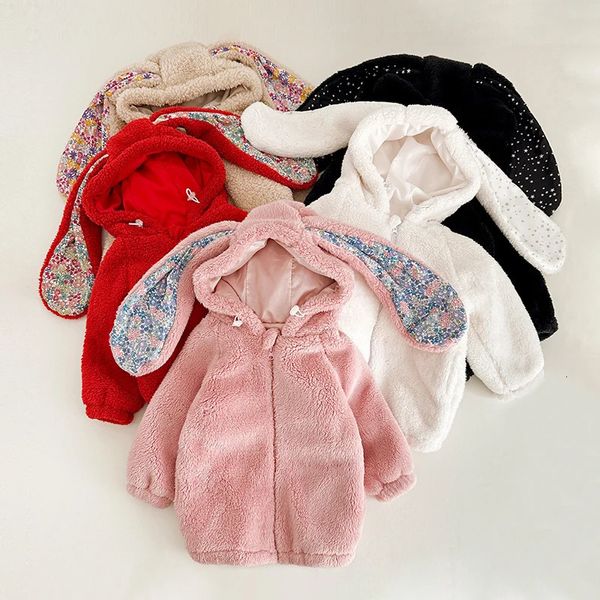 

Autumn Winter Fleece Baby Girls Long Outwear Coat Girl Jackets for 17Y Toddler Warm Rabbit Hooded Clothes 240122, Pink