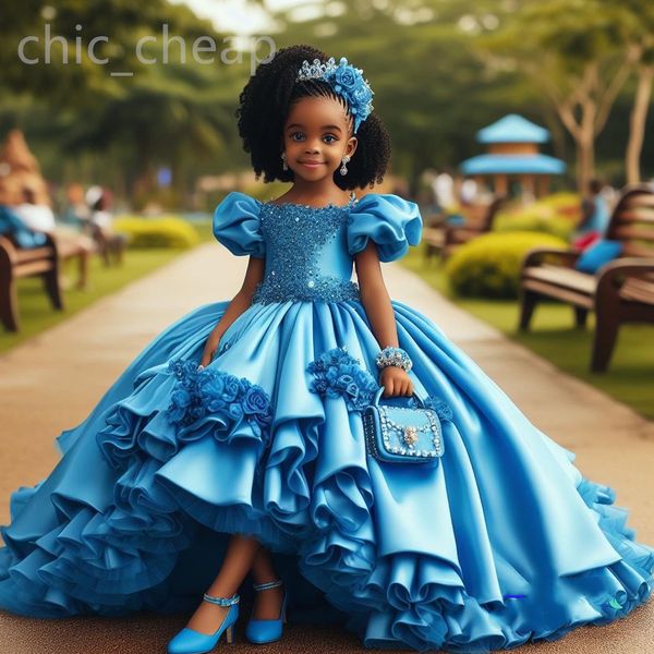 2024 Blue Lace Beaded Flower Girl Dresses Ball Gown Satin Tiers Luxurious Little Girl Christmas Peageant Birthday Christening Tutu Dress Gowns ZJ427