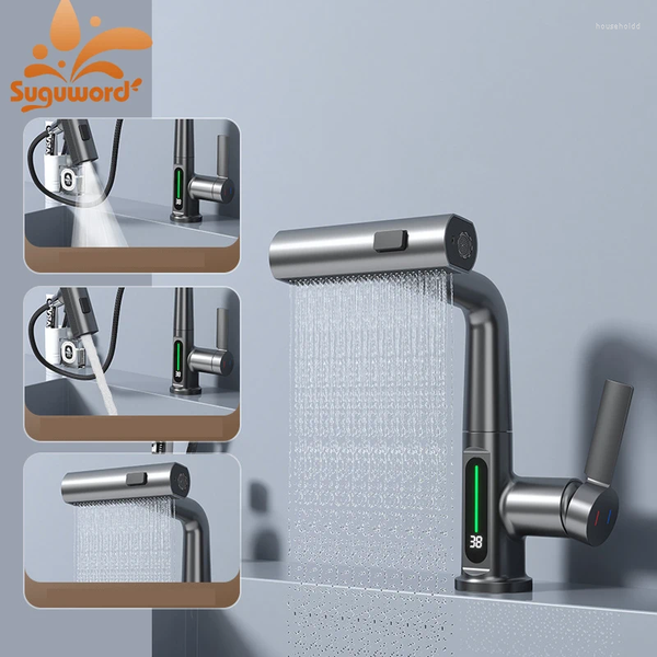 

Faucets Kitchen Smart Digital Display Faucet 3 Function Pull Out Waterfall Spout Deck Mount Cold Water Mixer Liftable Sink Crane Tap