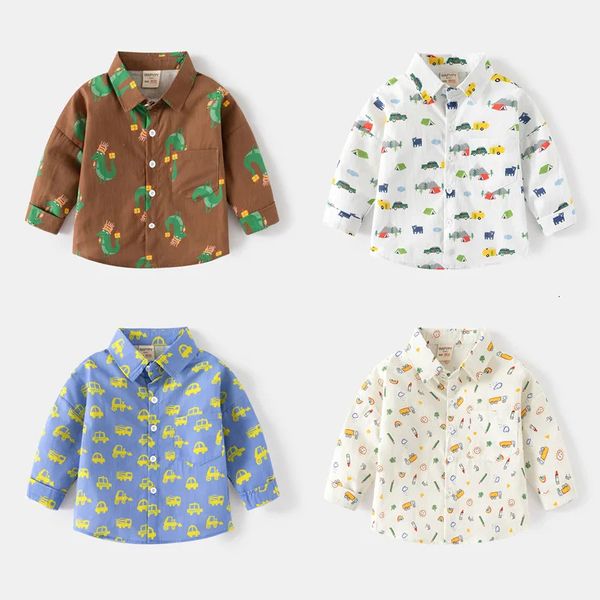 

Spring Autumn Korean Children Boy Shirt Cotton Turn Down Collar Toddler Cartoon Dinosaur Car Print Baby 240122, As picture