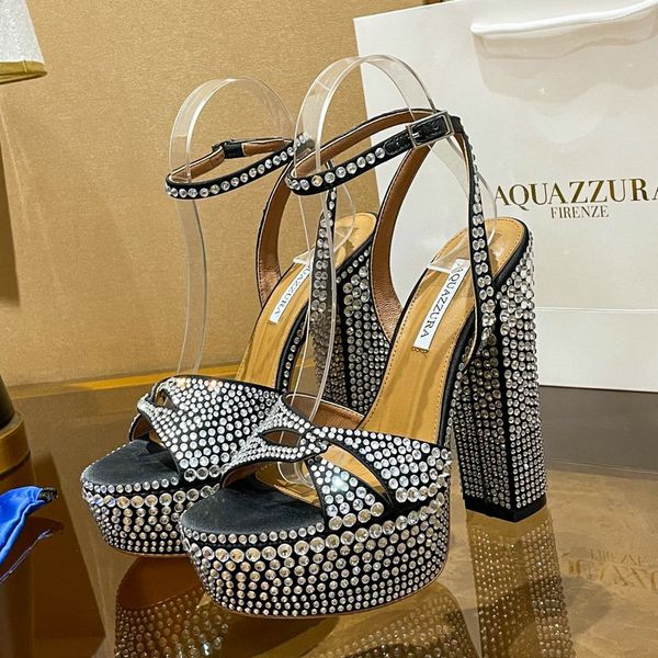 

Designer shoes Aquazzura crystal encrusted platform pump Chunky Heel sandal 15cm Luxury Evening shoes Crystal Ankle Strap Dress shoes Womens wedding Party Sandals, Colour 10