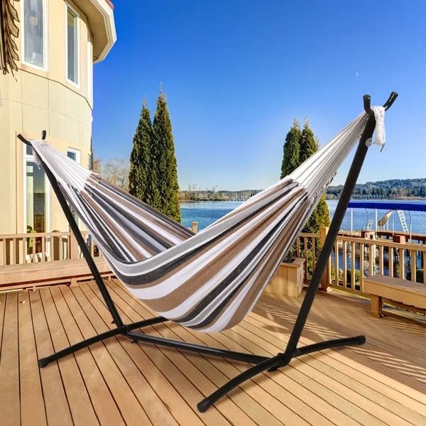 

2Person Cotton Hammock with Space Saving Steel Stand Garden Yard Outdoor 450lb Capacity Desert Stripes 240118