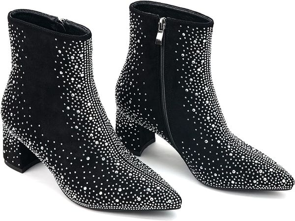 

Sparkly Rhinestone Boots for Women - Bling Diamond Ankle Boots with Studded Glitter Chunky Heel, Pointy Toe Block High Heeled Short, Black