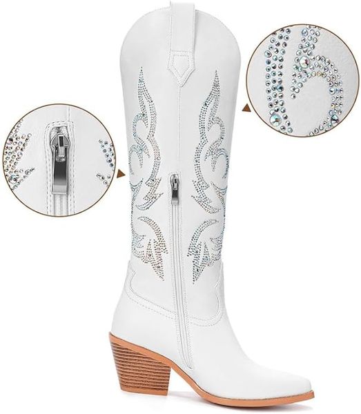 

White Cowboy Boots for Women - Wide Calf Rhinestone Cowgirl Boots, Women Knee High Western Boots
